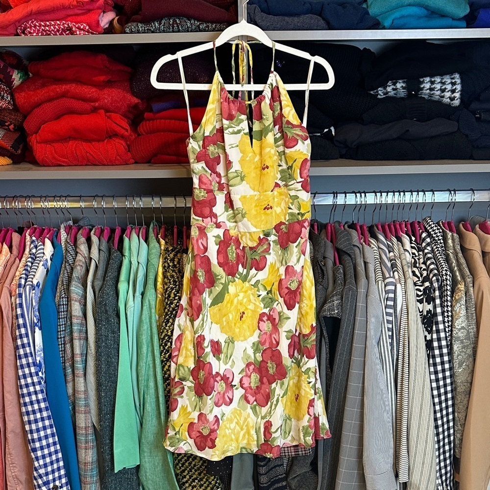 Loft maroon/white/yellow floral halter neck backless lined dress size 0P